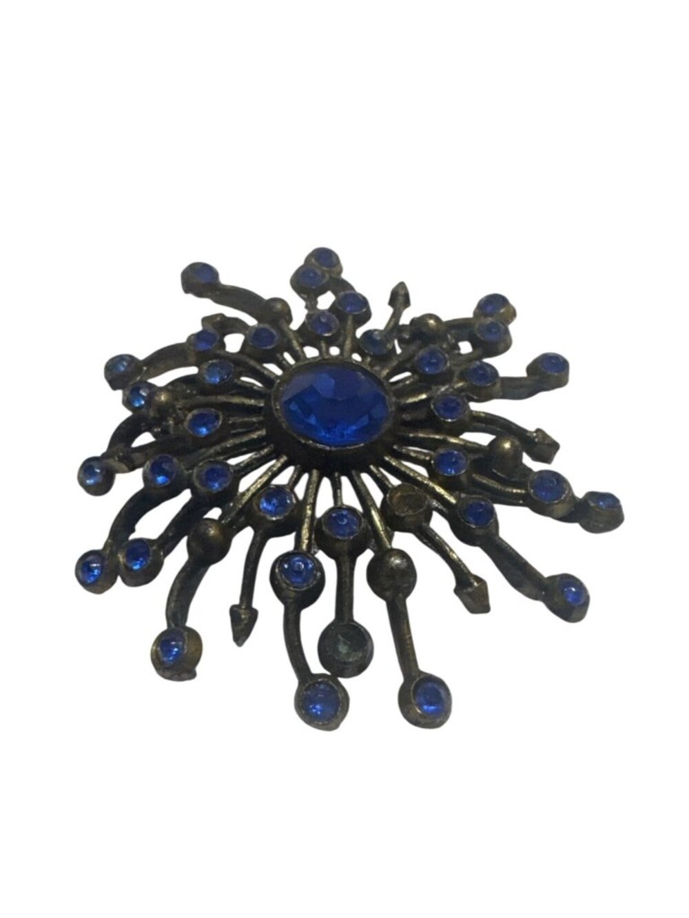 Vintage Brass Starburst Brooch With Blue Rhinestones Round 2.5" Statement Pin